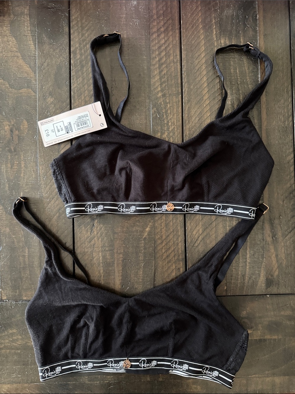 Two Rosie black ribbed bralettes. Size 6. Please see measurements below.